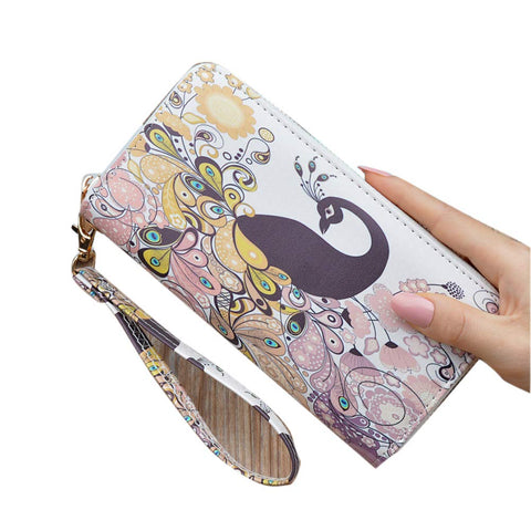 7.48x3.93 Inches Stylish Women Long Purse Vintage Peacock Print Purse PU Leather Wallet Apricot