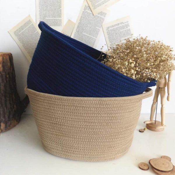 Cotton Rope Storage Basket Laundry Basket with Handles Nursery Hamper Organizer Navy Blue