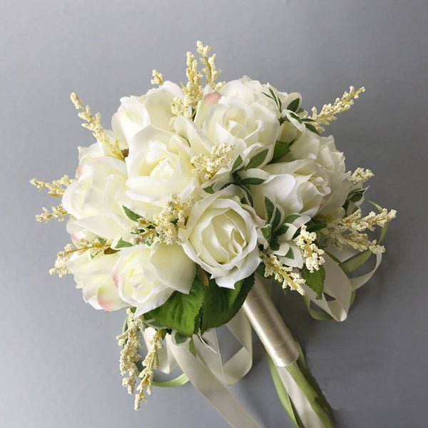 Bridal Wedding Bouquet Flower Bouquets Artificial Flowers Wedding Home Decoration, White Rose