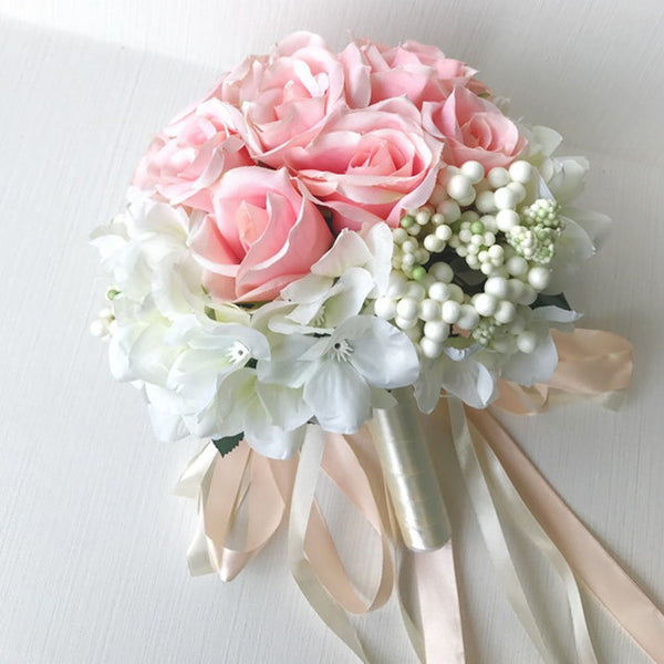 Bridal Wedding Bouquet Flower Bouquets Artificial Flowers Wedding Home Decoration, White and Pink Rose