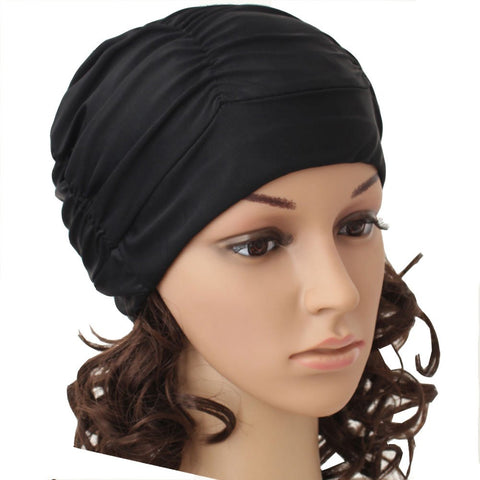 Swimming Caps Long Hair Swim Cap Pleated Cloth Fabric Swimcap Lycra Beanie Hat Peacock Black