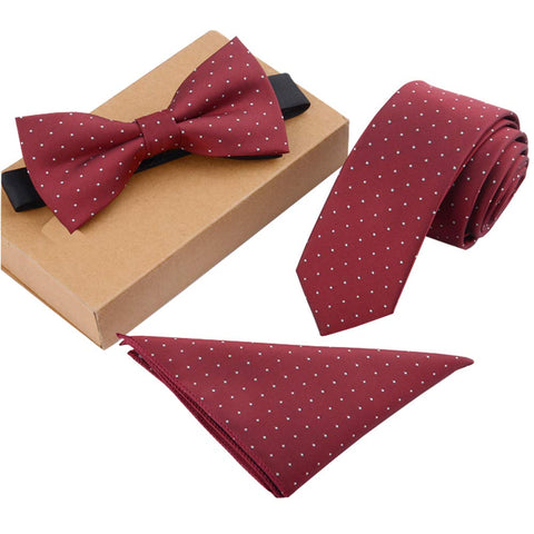 Fashionable Premium Formal/Informal Ties Set, Necktie/Bow Tie/Pocket Square, Wine Dots