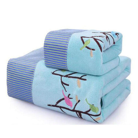 Embroidered Happiness Tree Bath Towel Set Cotton Bath Towel Bundle 1 Bath Towel and 1 Hand Towel Blue