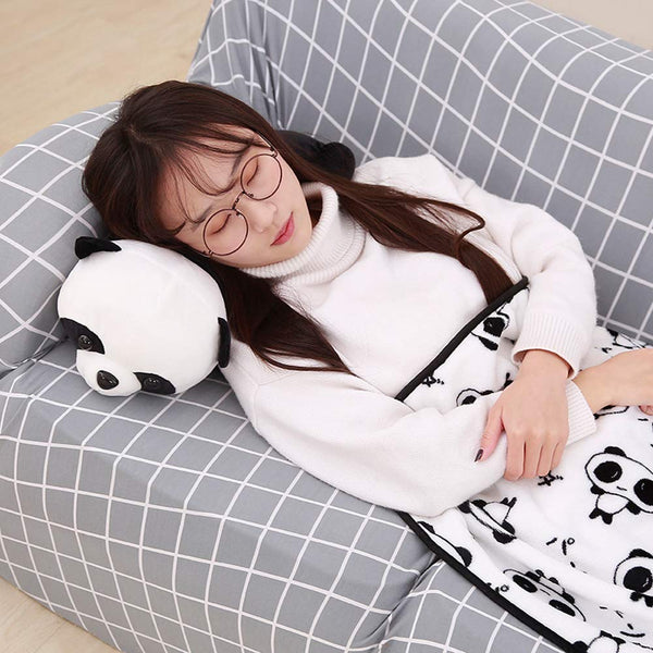 Air Conditioning Long Pillow Plush Toy Cute Panda Sofa Cushion with Panda Print Flannel Blanket