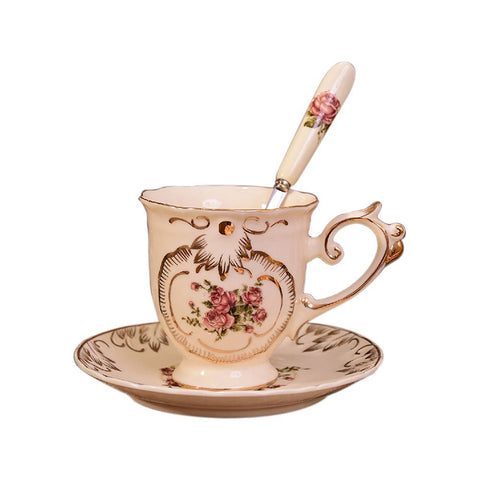 200 ML Coffee Cup Set of 3 Elegant Rose Afternoon Tea Ceramic Mug (Mug+Cup Plate+Spoon)