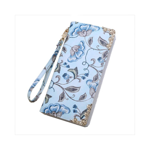 3.9 x 8.3 Inches Stylish Women Long Purse Floral PU Leather Wallet with Zippers Blue