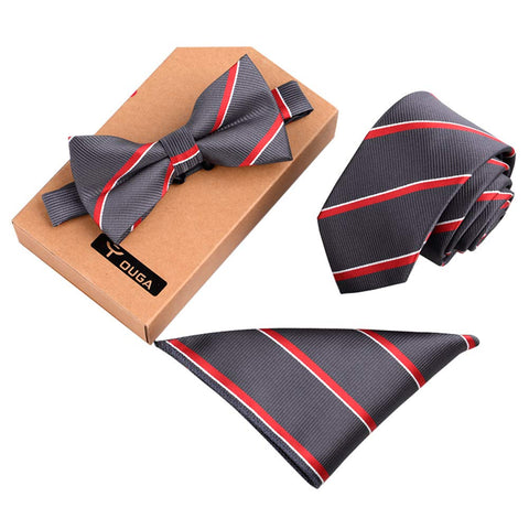 Fashionable Premium Formal/Informal Ties Set, Necktie/Bow Tie/Pocket Square Red Stripe