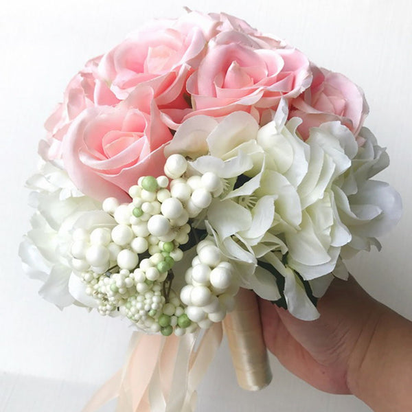 Bridal Wedding Bouquet Flower Bouquets Artificial Flowers Wedding Home Decoration, White and Pink Rose