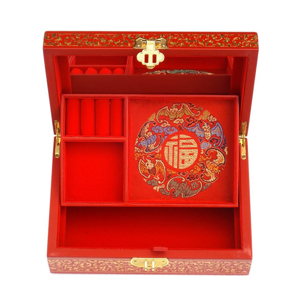 Two-Layer Wooden Jewelry Box Display Storage Case Treasure Chest Case with Lock, Golden Peony Red