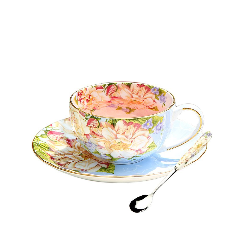 Bone China Coffee Cup Elegant Floral Afternoon Tea Ceramic Mug Set (Mug+Cup Plate+Spoon) Blue