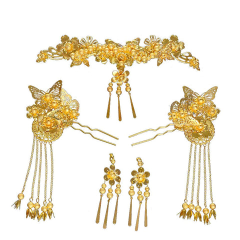 Traditional Bridal Hair Ornaments With Styling Earrings Hair Combs Sets (Floral and Butterflies)