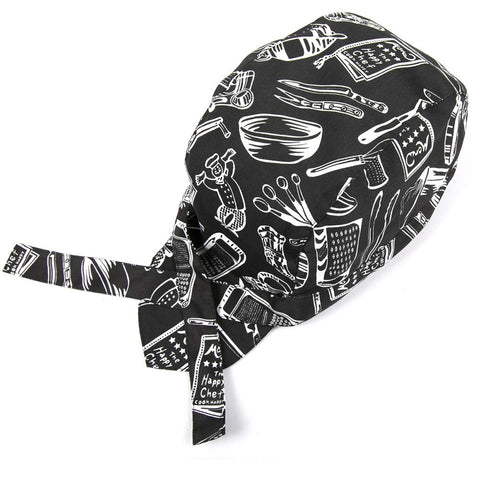 Unisex Professional Chef Hat Headband Fashion Tableware Print Skull Cap Turban Black