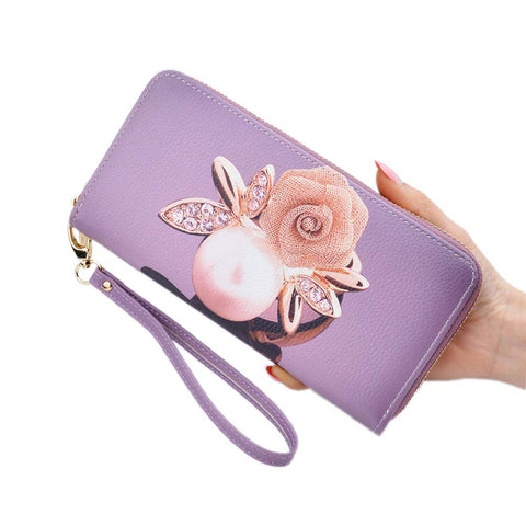 7.48x3.93 Inches Stylish Women Long Purse Vintage Rose Print Purse PU Leather Wallet Purple