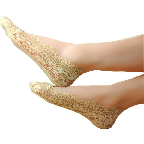 5 Pairs Women No Show Liner Socks, Thin Casual Low Cut Socks Silk Lace Cotton Socks (Beige)