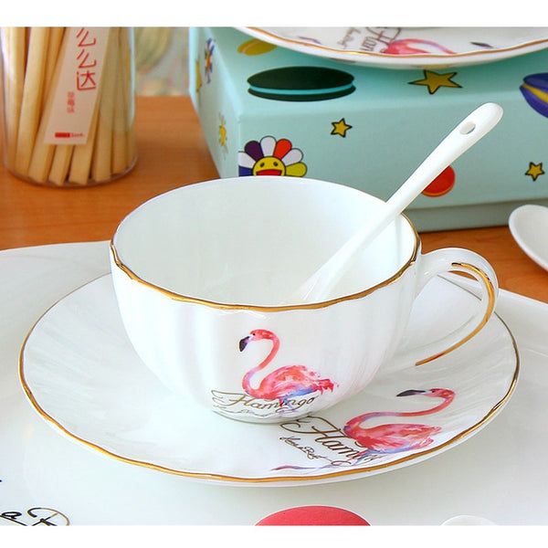 Creative Ceramic Coffee Cup Flamingo Afternoon Tea Mug Set (Mug+Cup Plate+Spoon)