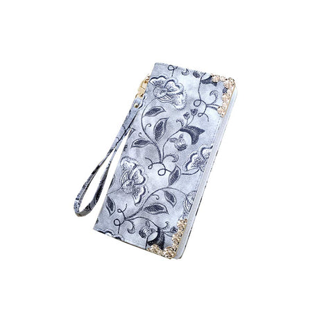 3.9 x 8.3 Inches Stylish Women Long Purse Floral PU Leather Wallet with Zippers Gray