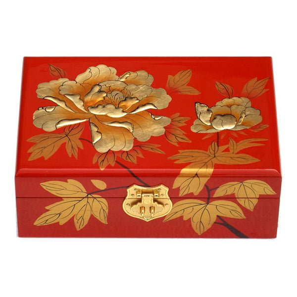 Two-Layer Wooden Jewelry Box Display Storage Case Treasure Chest Case with Lock, Golden Peony Red