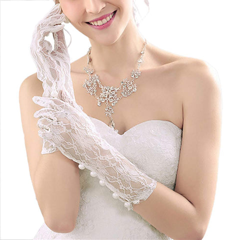 Vintage White Lace Wedding Gloves Beads Mitten for Bride