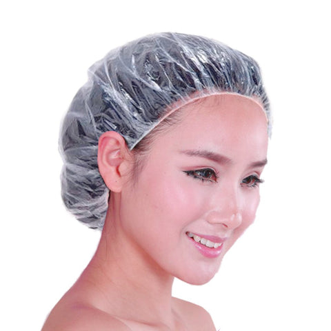 100 Pack Clear Disposable Shower Caps Water-proof Plastic Bath Elastic Caps Hair Salon