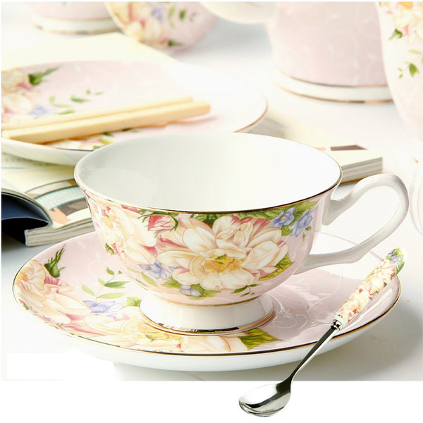 European Style Bone China Coffee Cup Elegant Floral Afternoon Tea Ceramic Mug (Mug+Cup Plate+Spoon)