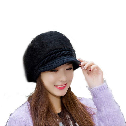 Winter Fashion Rabbit Wool Warm Hat Knitted Visor Beret Hat for Women Black