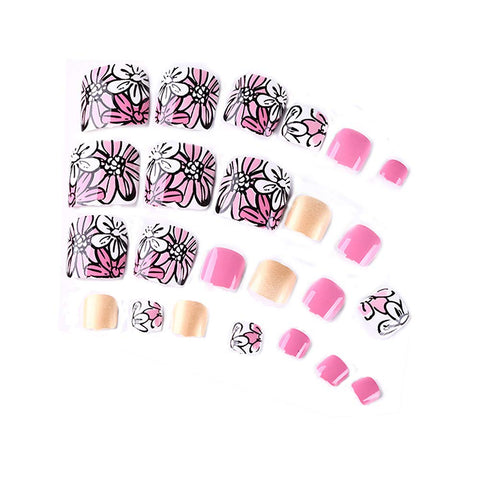 24 Pcs Romantic Floral Short Artificial False Toe Nails Pink Toe Nails Decor