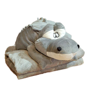 Creative Dual Purpose Pillow Flannel Blanket Within Cartoon Crocodile Plush Toy Sofa Cushion Gray