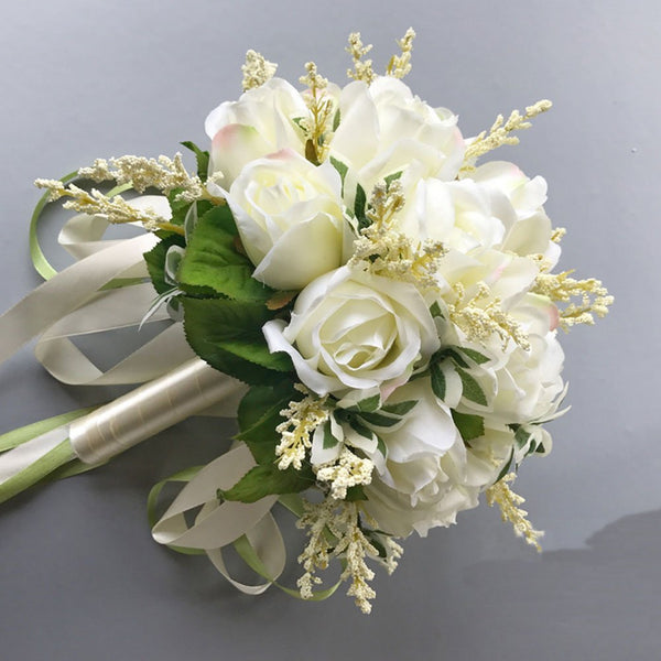 Bridal Wedding Bouquet Flower Bouquets Artificial Flowers Wedding Home Decoration, White Rose