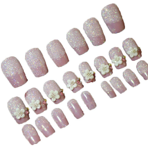 24 Pcs Romantic White Camellia Long Artificial False Nails Faux Jewels False Nails Decor Pink