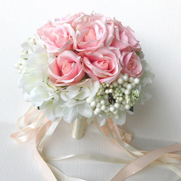 Bridal Wedding Bouquet Flower Bouquets Artificial Flowers Wedding Home Decoration, White and Pink Rose