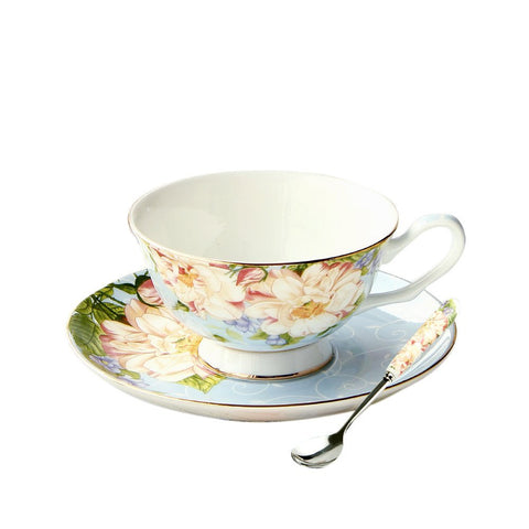 European Style Floral Bone Coffee Cup Elegent Afternoon Tea Ceramic Mug Set (Mug+Cup Plate+Spoon)