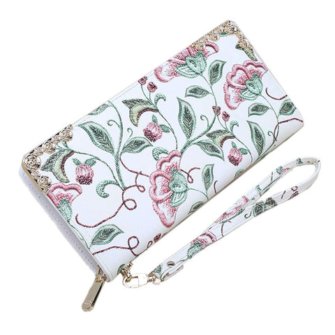 3.9 x 8.3 Inches Stylish Women Long Purse Floral PU Leather Wallet with Zippers White