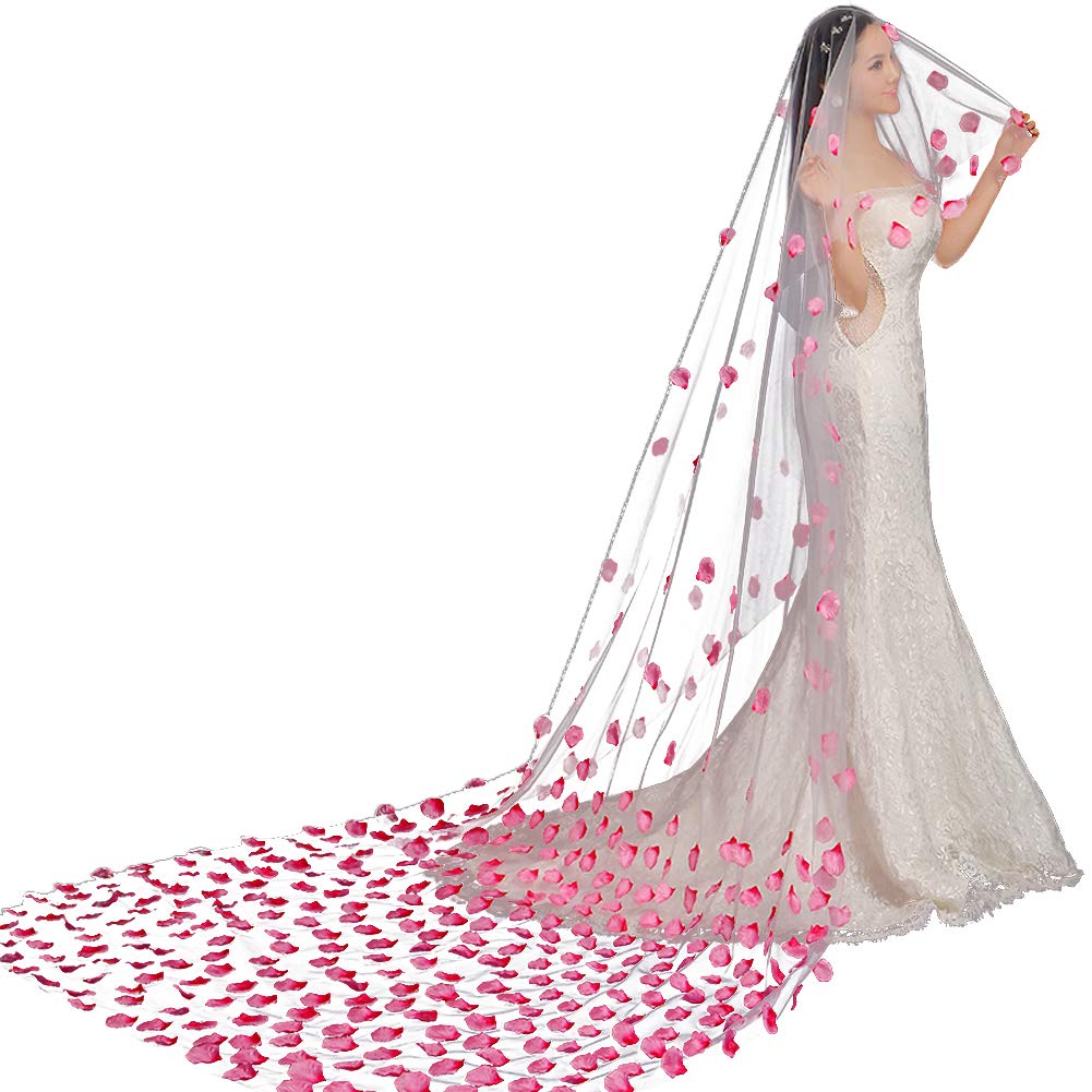 Romantic Rose Petals Wedding Veil Lace Bridal Veil Fingertip Length 118" Ivory