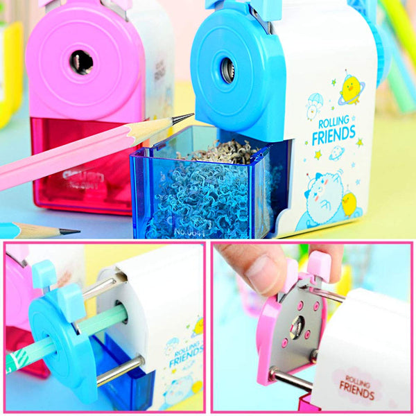 Creative Manual Rotary Pencil Sharpener for School Classroom, Office, Home, Rolling Friends Pink