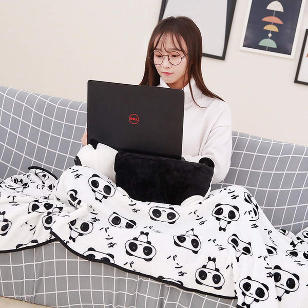 Air Conditioning Long Pillow Plush Toy Cute Panda Sofa Cushion with Panda Print Flannel Blanket