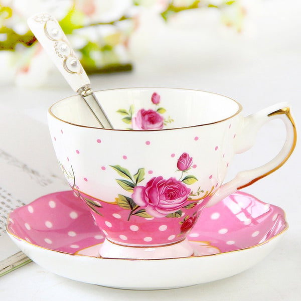 Modern Style Creative Floral Bone China Coffee Cup Afternoon Tea Ceramic Mug Set (Mug+Cup Plate+Spoon)