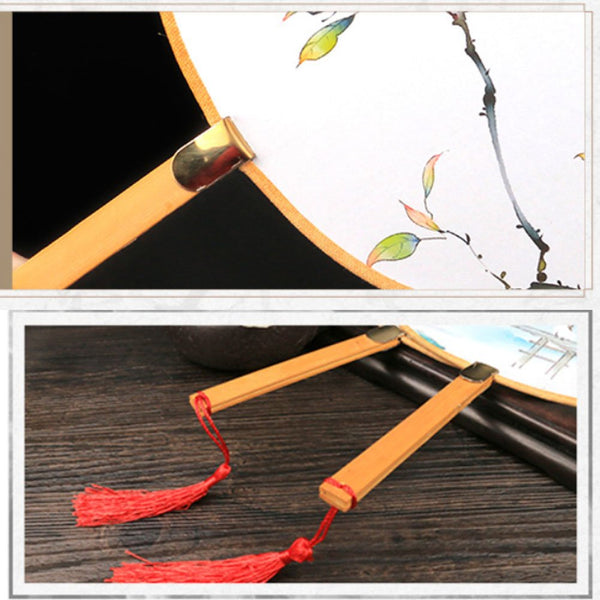 Set of 2 Chinese/Japanese Cotton Fabric Fan Print Decor Bamboo Handle Round Hand Fan,Flower and Bird