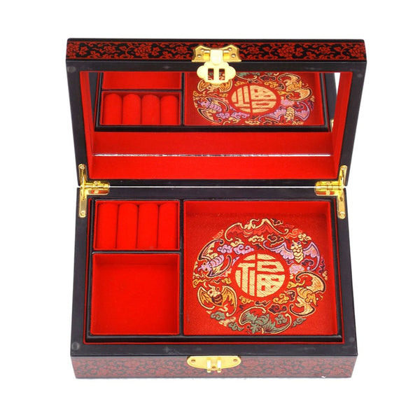 Two-Layer Wooden Jewelry Box Display Storage Case Treasure Chest Case with Lock, Golden Peony Red