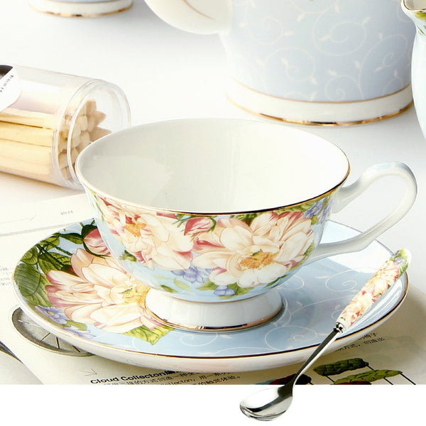 European Style Floral Bone Coffee Cup Elegent Afternoon Tea Ceramic Mug Set (Mug+Cup Plate+Spoon)