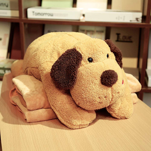 Creative Dual Purpose Pillow Flannel Blanket Within Cartoon Dog Plush Toy Sofa Cushion Light Brown