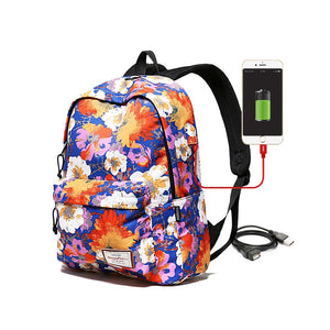 16 Inch Waterproof Laptop Backpack Floral School Backpack with USB Charging Port Travel Backpack Blue