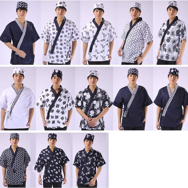 Japanese Style Black Floral Print Chefs Clothes Half Sleeve Uniform Sushi Restaurant Chef Waiter Clothes White