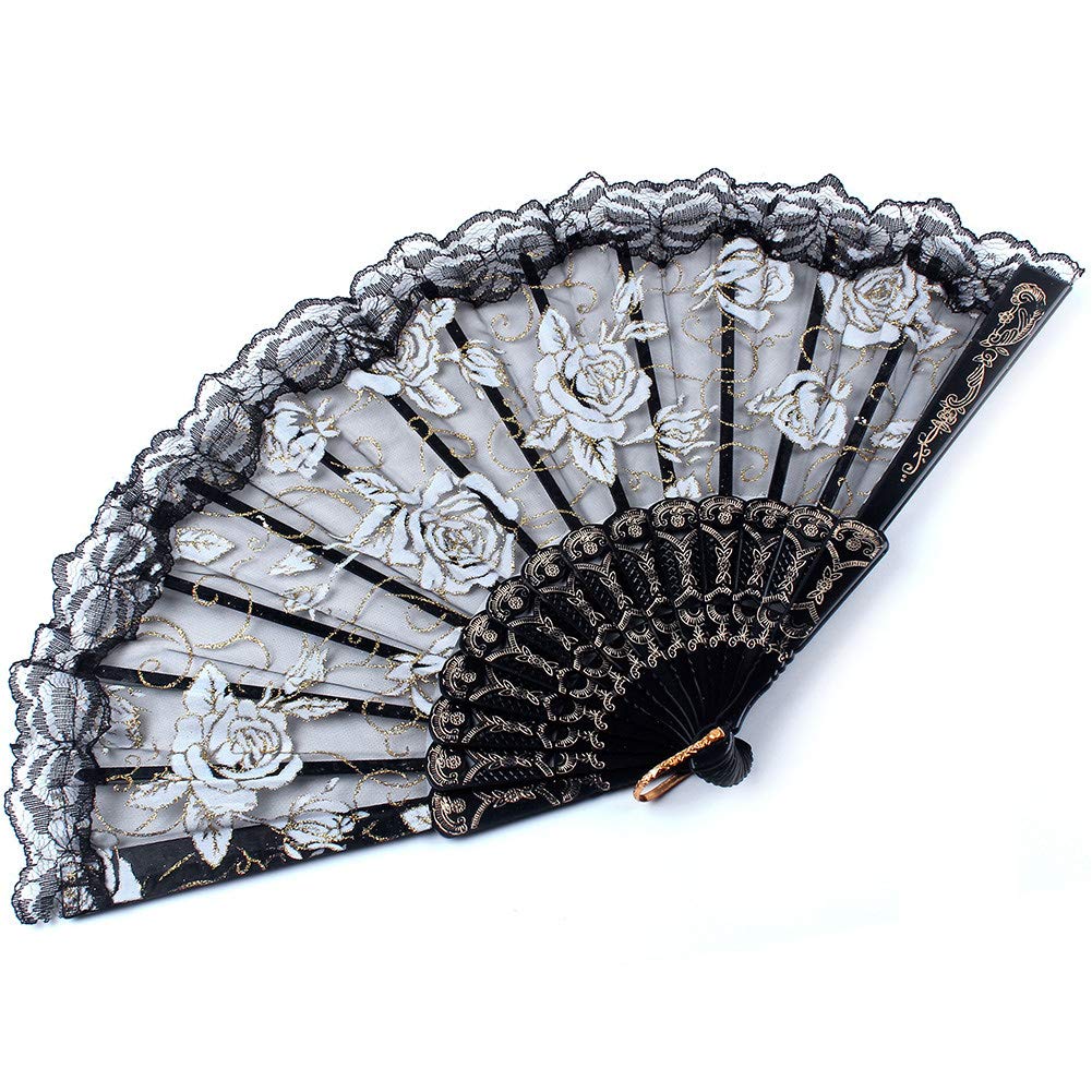 Creative Plastic Dance Folding Fans Rose Pattern Dance Tool Black