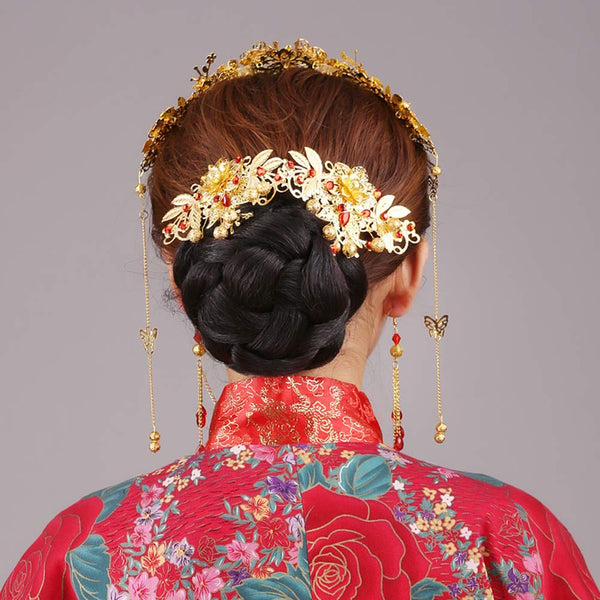 Romantic Chinese Traditional Floral Bridal Hair Ornaments With Earrings Set Gold