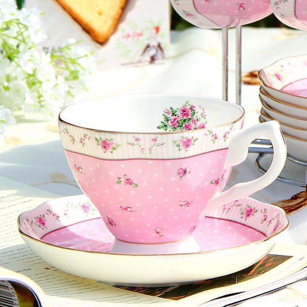 European Style Floral Bone Coffee Cup Floral Afternoon Tea Ceramic Mug Set (Mug+Cup Plate+Spoon) Pink