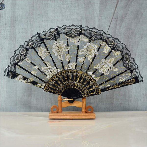 Creative Plastic Dance Folding Fans Rose Pattern Dance Tool Black