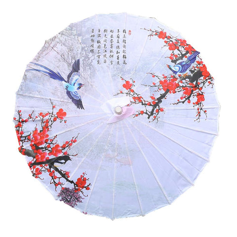 Handmade Chinese Style Vintage Silk Fabric Umbrella Parasol 33-Inch Red Plum and Couple Birds