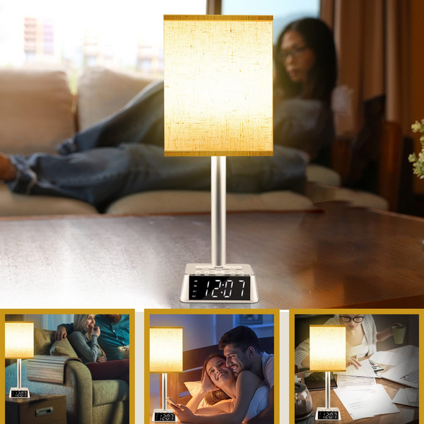 Table Lamp for Bedroom, Bedside Lamps with USB Ports and Outlets, Alarm Clock Base w/ 6Ft Extension Cord, Modern Fabric Shade Table Lamps for Nightstand, Bedrooms, Living Room