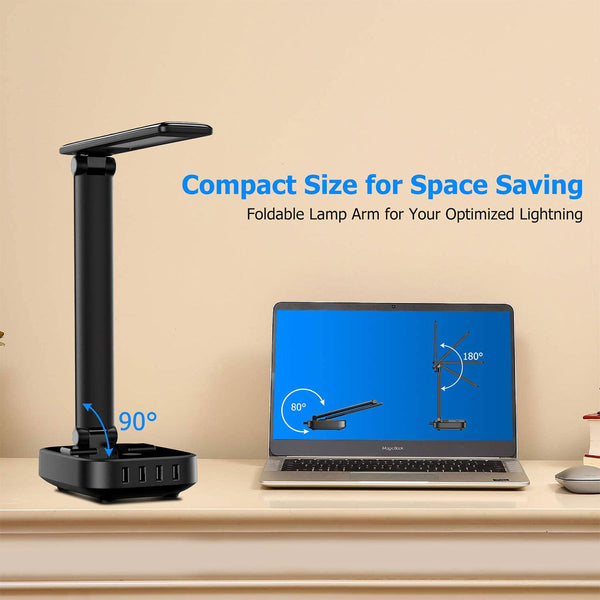 LED Desk Lamp, Desk Lamp with USB Charging Port and AC Outlet, 3 Brightness Desk Light with Touch Control, Eye-Caring Study Lamp for Desk, Office Lamp for Work, Foldable Desk Lamps for Home Office