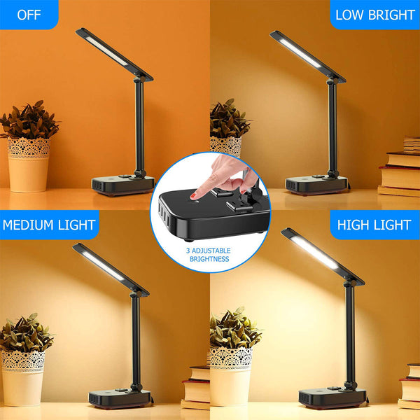 LED Desk Lamp, Desk Lamp with USB Charging Port and AC Outlet, 3 Brightness Desk Light with Touch Control, Eye-Caring Study Lamp for Desk, Office Lamp for Work, Foldable Desk Lamps for Home Office